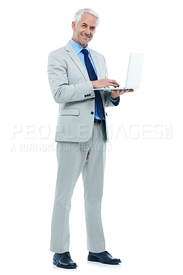 Buy stock photo CEO, portrait and businessman with laptop in studio isolated on a white background mockup space. Senior, manager and professional typing on computer, lawyer and happy executive boss on technology