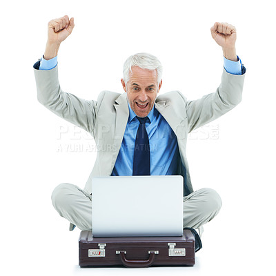 Buy stock photo Studio, laptop and mature businessman with success, celebrating and happy for online deal or winning. Senior entrepreneur, computer and fist pump for profit and excited for bonus by white background