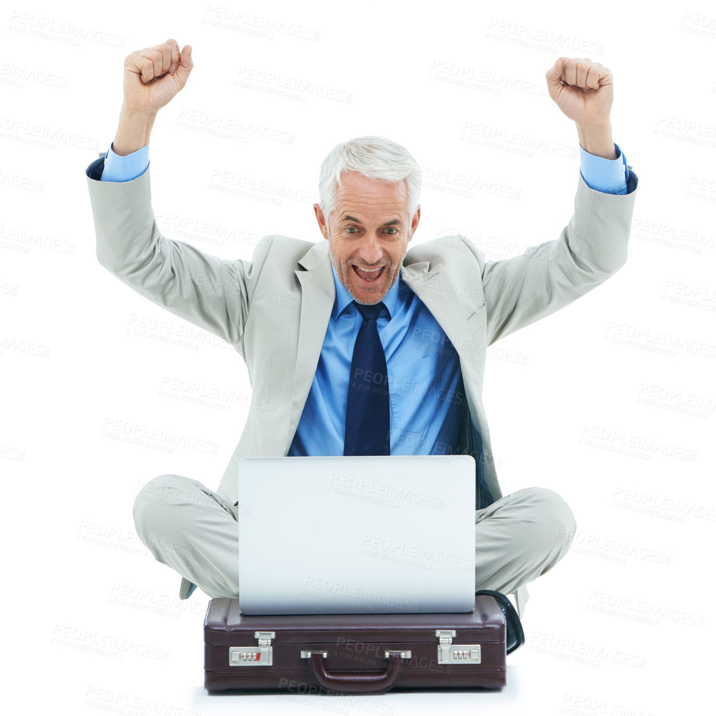 Buy stock photo Studio, laptop and mature businessman with success, celebrating and happy for online deal or winning. Senior entrepreneur, computer and fist pump for profit and excited for bonus by white background