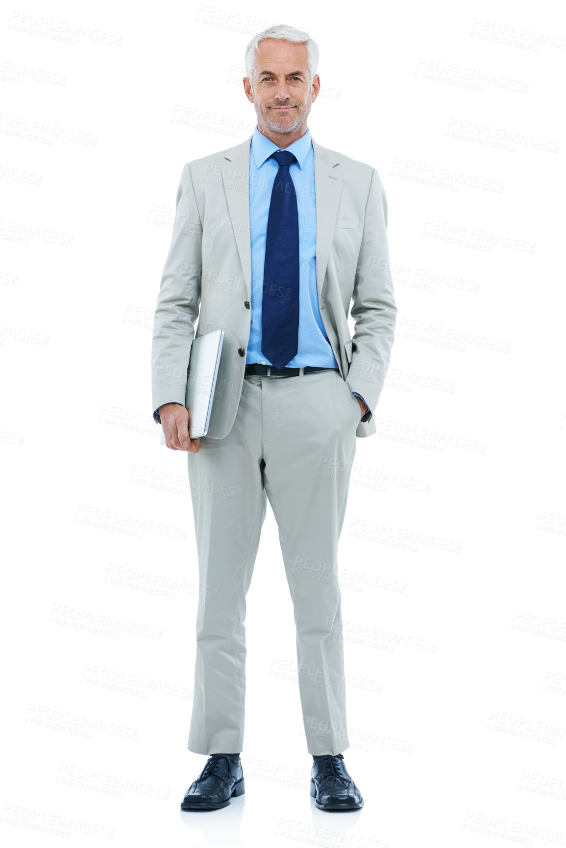 Buy stock photo Studio, mature businessman or confident by laptop in portrait, corporate suit or internet connection for job. Senior it professional, face or technology in career pride or network by white background