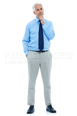 Buy stock photo Business, thinking and senior man in studio with questions, guess or brainstorming on white background. Why, idea and elderly entrepreneur with emoji gesture for asking, solution or problem solving