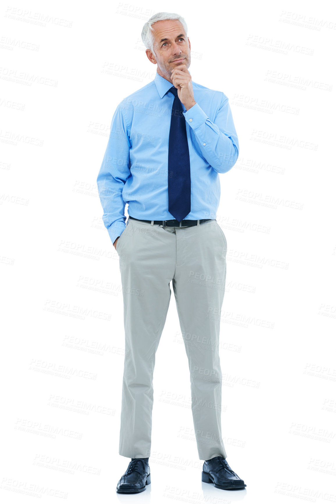 Buy stock photo Business, thinking and senior man in studio with questions, guess or brainstorming on white background. Why, idea and elderly entrepreneur with emoji gesture for asking, solution or problem solving