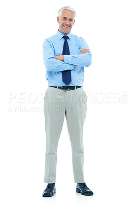 Buy stock photo Studio, portrait or mature businessman happy in career and confident professional with arms crossed. Senior accountant, face or smile for auditing job in corporate or positive by white background