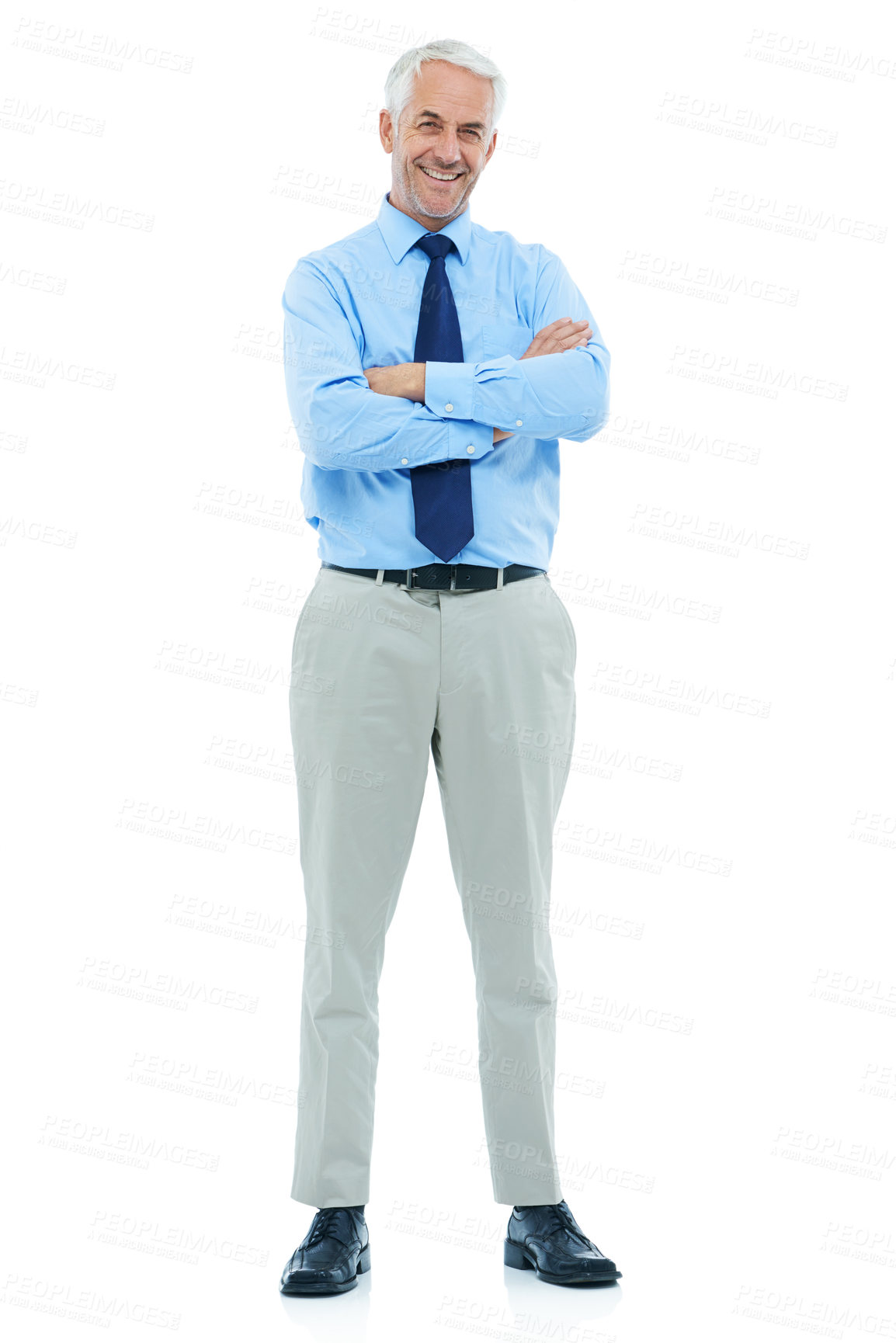 Buy stock photo Studio, portrait or mature businessman happy in career and confident professional with arms crossed. Senior accountant, face or smile for auditing job in corporate or positive by white background