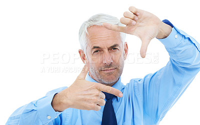 Buy stock photo Finger frame, portrait and businessman in studio for posing with picture capture expression. Serious, photography and senior professional male person with border hand gesture by white background.