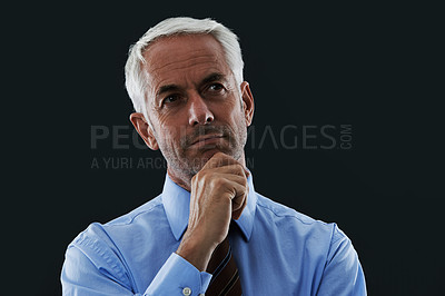 Buy stock photo CEO, thinking or mature business man with vision, solution or problem solving isolated on black background in studio.  Manager, idea or senior consultant with inspiration, decision or planning future