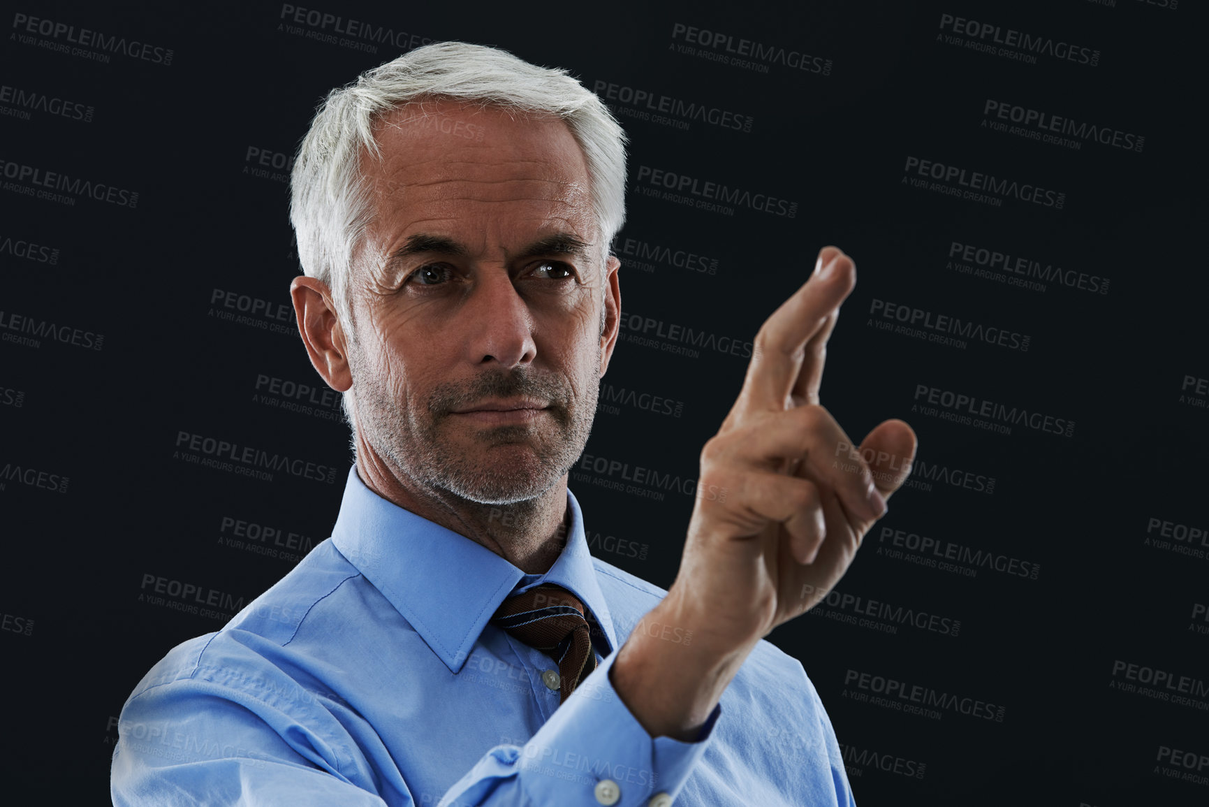 Buy stock photo Business man, finger and future interface for choice isolated on a black studio background. Touch, professional and hand gesture on screen, click button and innovation of technology for senior CEO