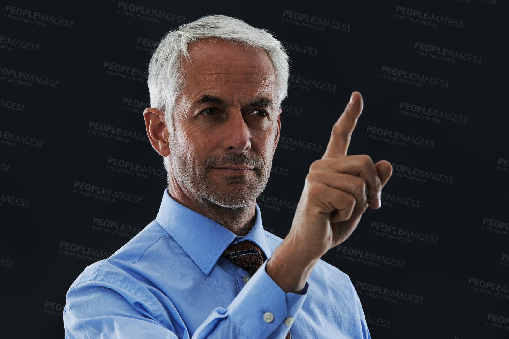 Buy stock photo Business man, finger and interface for choice isolated on a black studio background. Touch, professional and hand gesture on screen, click and future innovation of digital technology for senior CEO