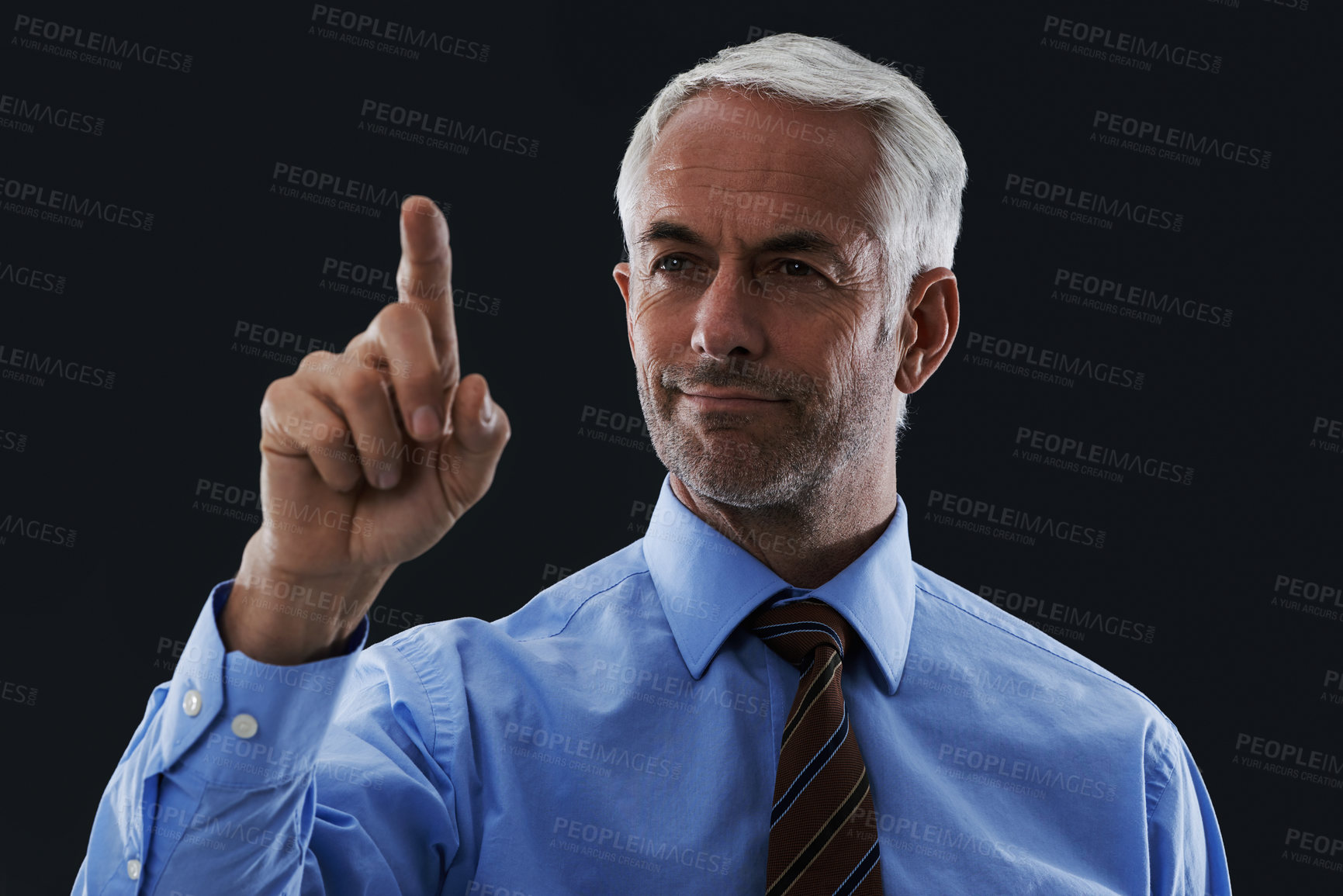 Buy stock photo Business man, finger and digital interface for choice isolated on a black studio background. Touch, professional and hand gesture on screen, click button and future innovation of tech for senior CEO