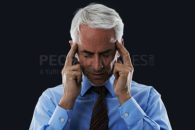 Buy stock photo Stress, CEO and thinking in studio with anxiety for meeting, public speaking or presentation. Mature male person, leader and hand on temples for headache, ideas or frustrated on black background
