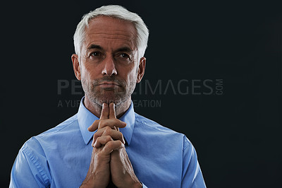 Buy stock photo Thinking, hands and senior businessman in studio for question, space or brainstorming on black background. Why, idea or elderly entrepreneur with emoji gesture for asking, solution or problem solving
