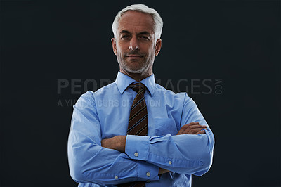 Buy stock photo Senior, businessman and portrait or arms crossed in studio with confidence and pride for corporate career or job. Mature, entrepreneur and ceo with face, serious and contemplating on black background