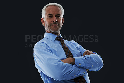 Buy stock photo Senior, businessman and portrait or arms crossed with smile in studio with confidence and pride for corporate career. Mature, entrepreneur and ceo with face, thoughtful and mockup on black background