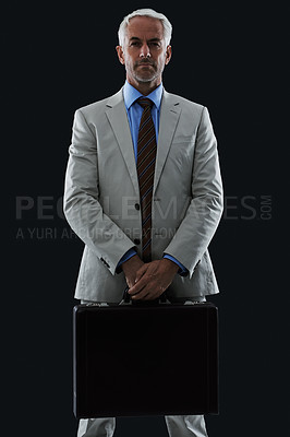 Buy stock photo Senior, businessman and portrait or briefcase in studio with confidence and pride for corporate career or job. Mature, entrepreneur and ceo with face, thoughtful and contemplating on black background