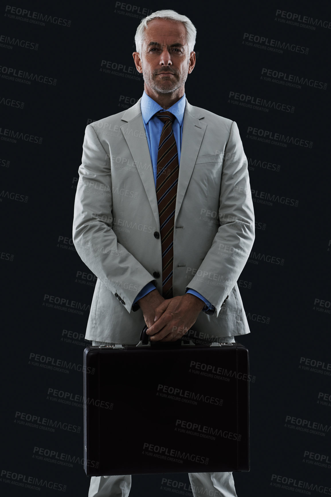 Buy stock photo Senior, businessman and portrait or briefcase in studio with confidence and pride for corporate career or job. Mature, entrepreneur and ceo with face, thoughtful and contemplating on black background
