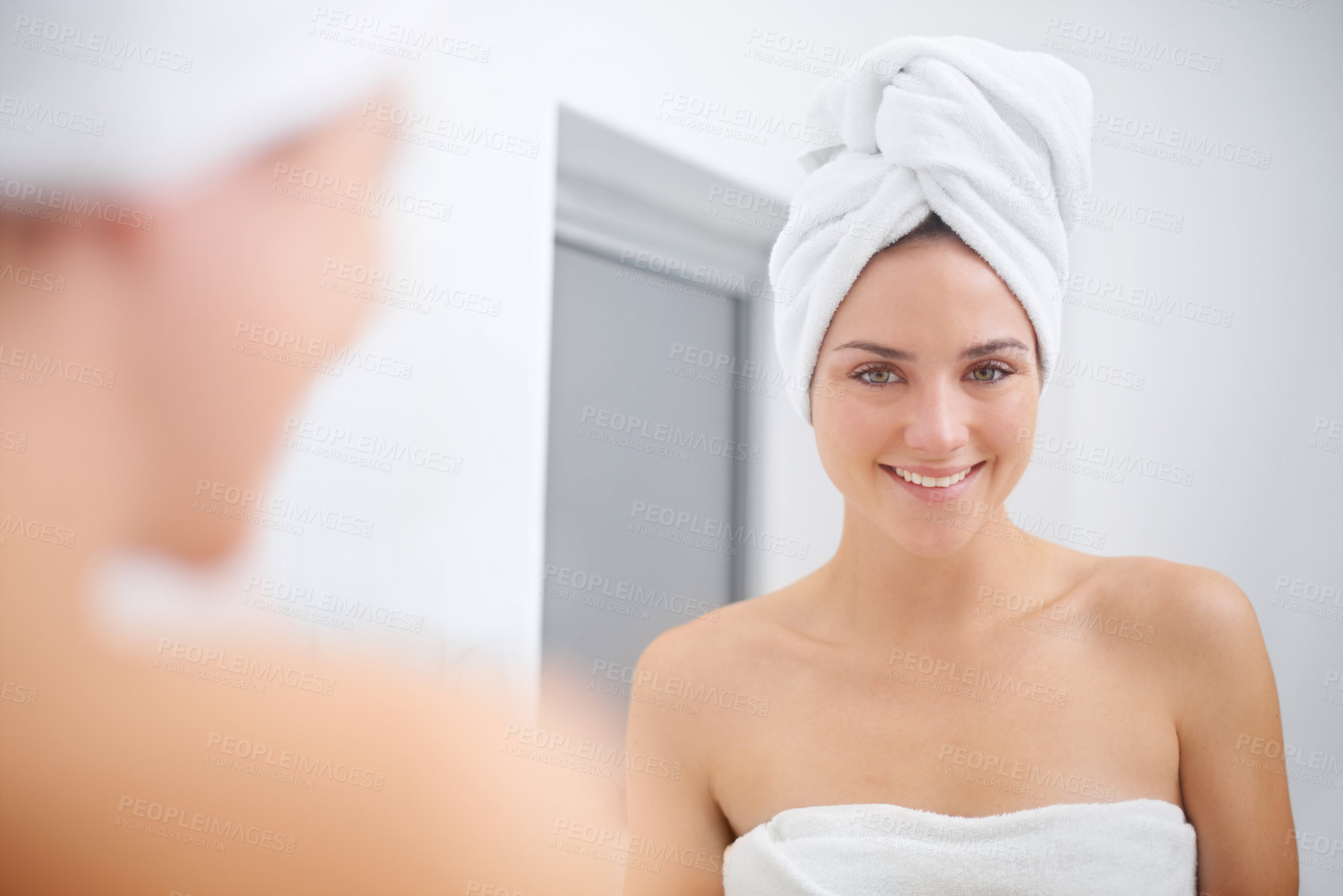 Buy stock photo Women, smile and mirror for skincare, beauty and bathroom getting ready for spa and massage. Female person, towel and self care for reflection, treatment and wellness for happy facial cleanliness 