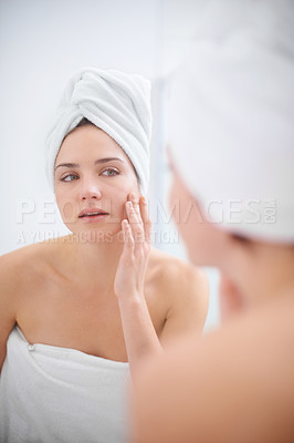 Buy stock photo Women, selfcare and mirror for skincare, spa day routine and bathroom getting ready for organic wellness. Female person, towel and hand on face, reflection and treatment for shower and cleanliness