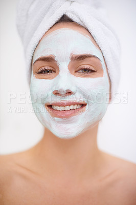 Buy stock photo Women, portrait and face mask for skincare, smile and bathroom getting ready for organic spa day. Female person, towel and shower while happy about treatment for wellness or cleanliness and facial