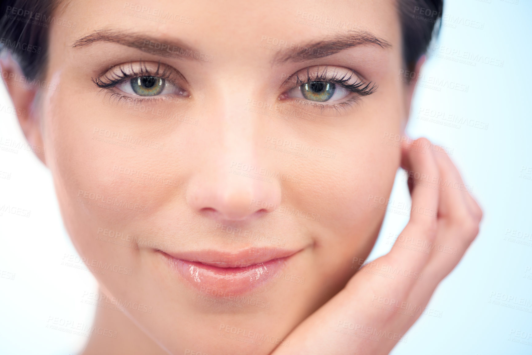 Buy stock photo Skincare, facial beauty or portrait of woman in studio isolated on blue background for pride or wellness. Natural results, smile or smooth face of happy model or confident person with shine or glow