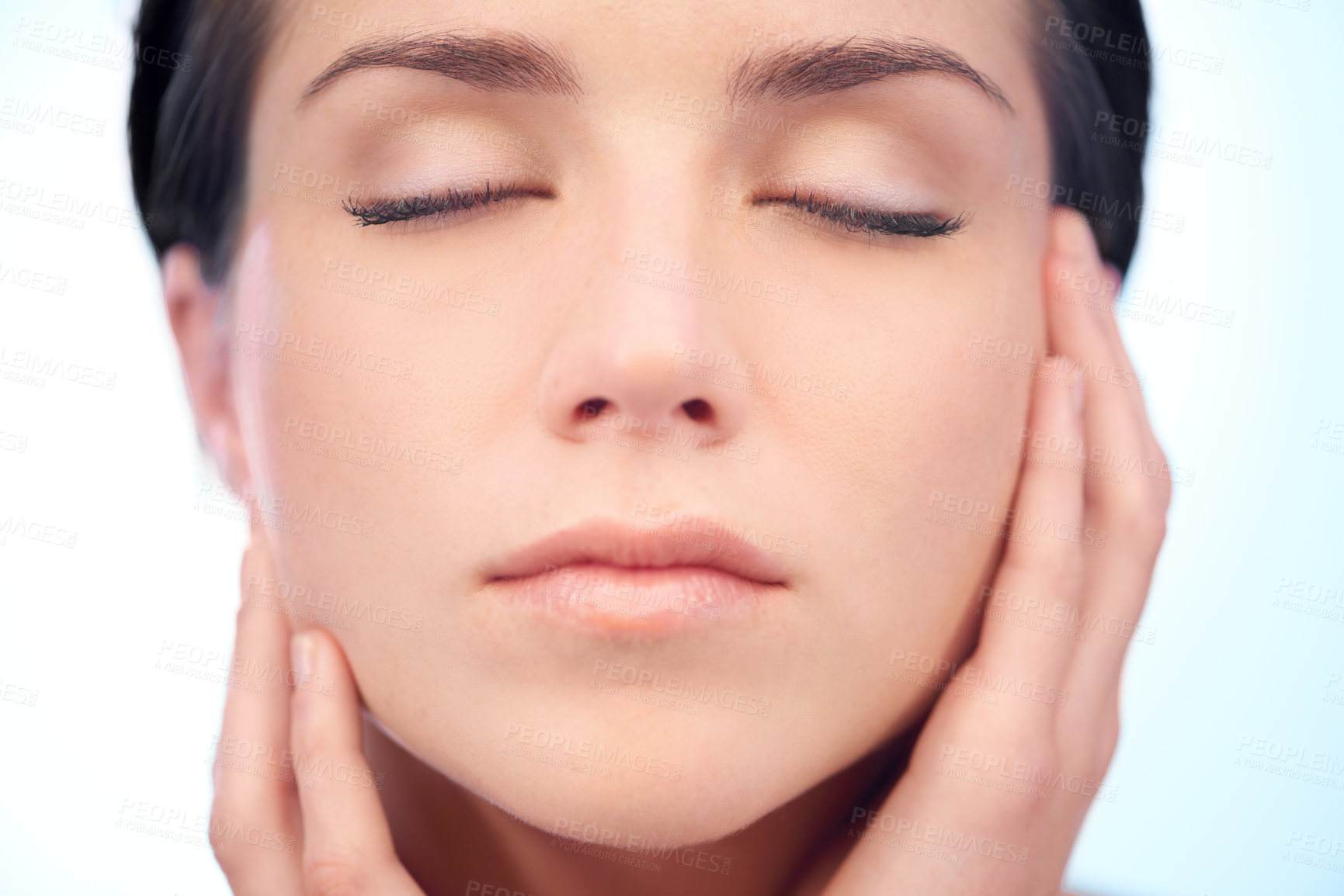 Buy stock photo Skincare, beauty or face of calm woman in studio isolated on blue background to relax for wellness. Smooth, anti aging or natural results of model, lady or confident person with shine, youth or glow