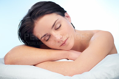 Buy stock photo Skincare, sleeping or face of woman in studio isolated on blue background for wellness in spa or salon. Facial, relax or natural results of model, lady or confident person with shine, beauty or glow