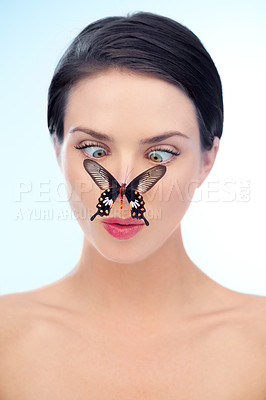 Buy stock photo A woman looking down cross-eyed at a butterfly on her nose