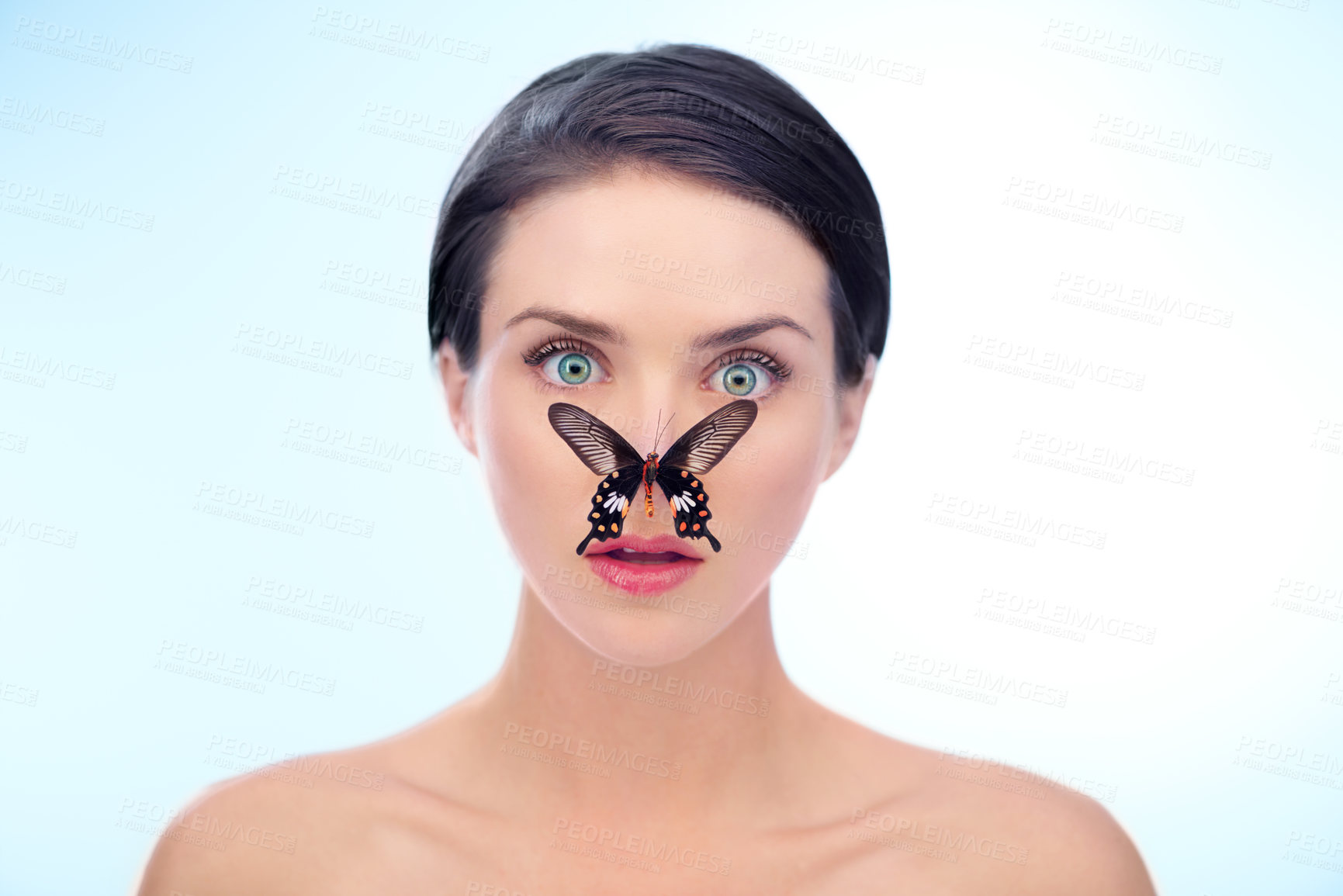 Buy stock photo Portrait, butterfly and surprise with beauty woman in studio on blue background for wellness or harmony. Face, wow and skincare with young model shocked by insect on nose at spa for treatment