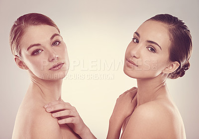 Buy stock photo Calm woman, portrait and skincare with natural beauty, makeup or cosmetics on a studio background. Young female, people or models posing for facial treatment, spa or hair salon on overlay or mockup