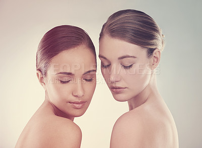 Buy stock photo Calm woman, skincare and natural beauty in relax for makeup or cosmetics on a studio background. Face of young female friends, people or models posing for facial treatment, spa or salon on mockup