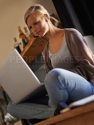 Buy stock photo Laptop, search and woman relax in a house with social media, streaming or watching movies. Pc, subscription and female person chilling at home with online entertainment, ebook or video, film or show