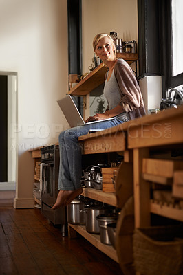 Buy stock photo Woman in kitchen, laptop and remote work, thinking of ideas for blog, freelancer and copywriting. Working from home, website and writing article with tech and copywriter search for inspiration