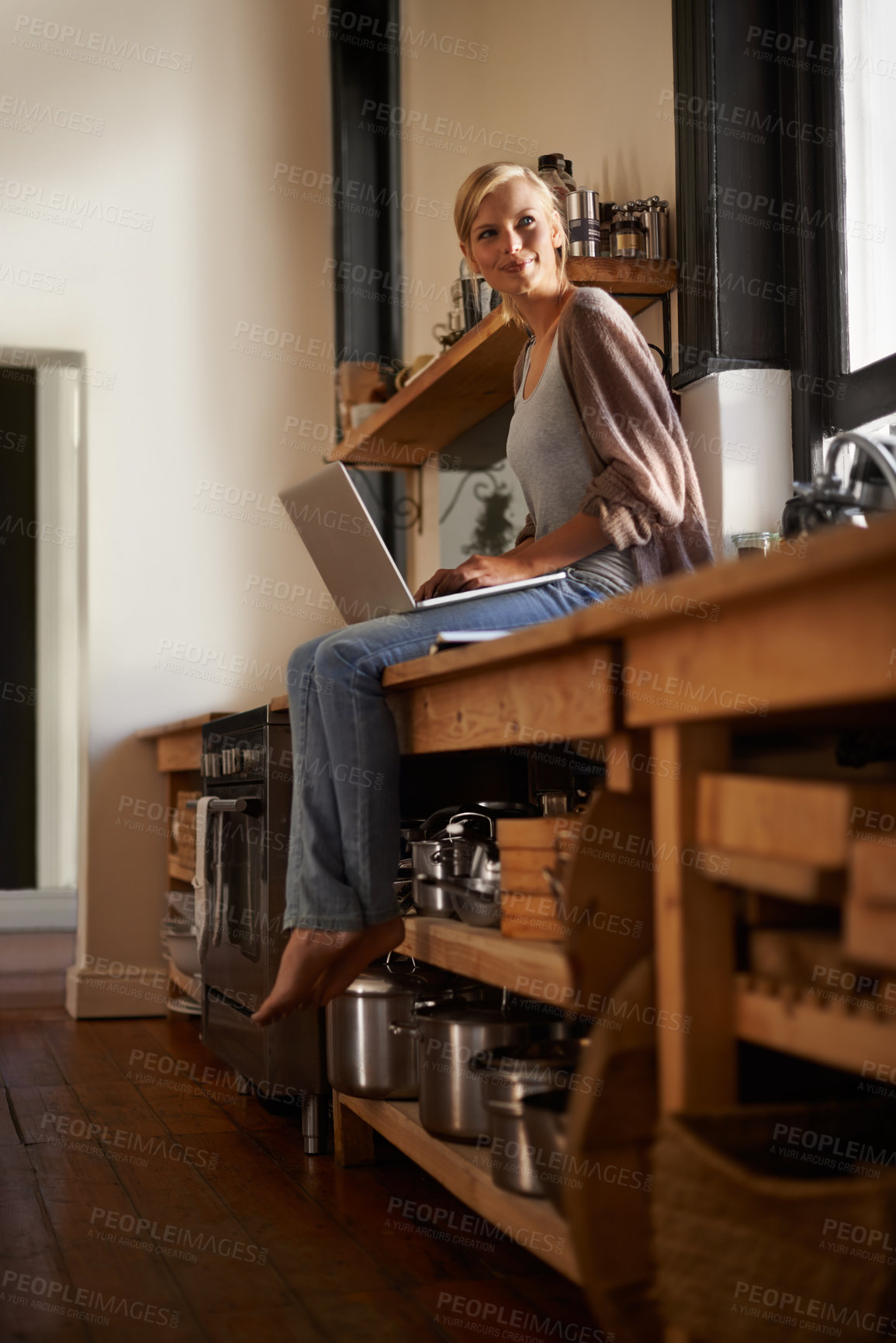 Buy stock photo Woman in kitchen, laptop and remote work, thinking of ideas for blog, freelancer and copywriting. Working from home, website and writing article with tech and copywriter search for inspiration