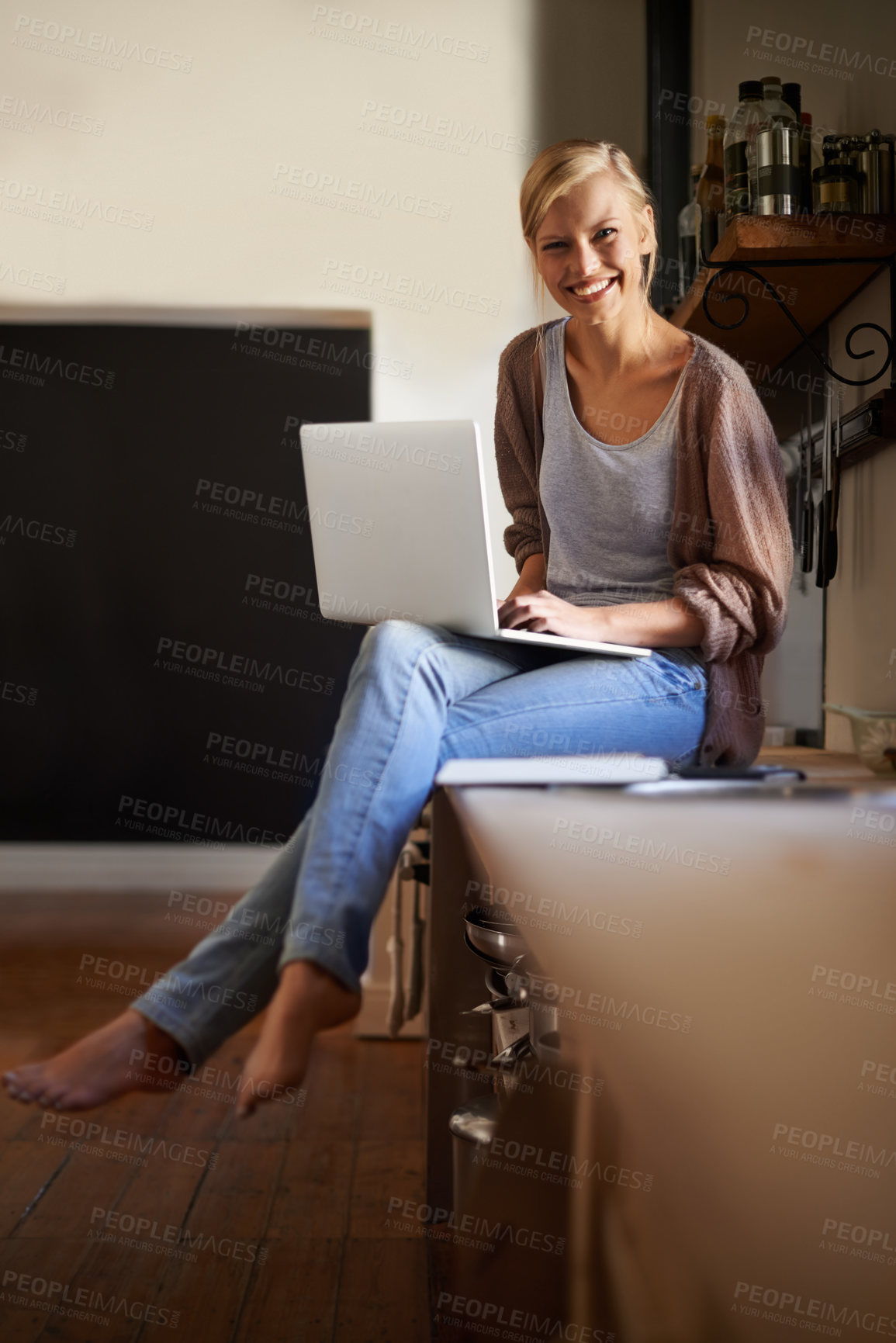 Buy stock photo Woman in kitchen, laptop and remote work, smile in portrait and writer for blog, freelancer and copywriting. Working from home, website development and writing article, editor or journalist with tech