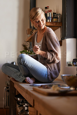 Buy stock photo Happy, woman and eating salad in kitchen at home, nutrition and fresh leafy greens for healthy diet. Vegetables, bowl and smile of hungry person with food, lunch or organic vegan meal for wellness