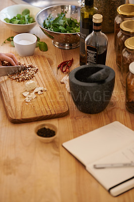 Buy stock photo Person, hands and chop for salad with knife, wellness and health in a home with nutrition. Vegan, wood board and cooking with diet food in a kitchen with vegetable ingredients for lunch recipe