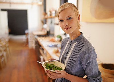 Buy stock photo Woman, portrait and salad bowl in kitchen or health nutrition for wellbeing, ingredients or fibre. Female person, face and wellness or vegan meal in apartment for diet leafy greens, food or cooking