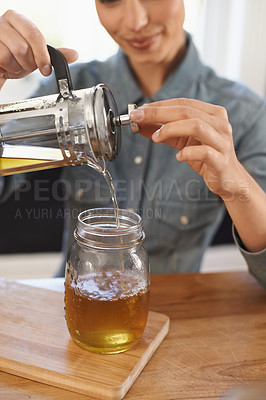 Buy stock photo Closeup, woman and hands with brewing tea to start morning, cafe and table before work. Plunger, pouring and healthy beverage in jug for customer, breakfast and drink to enjoy beautiful day. 