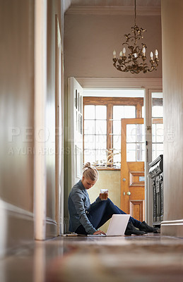 Buy stock photo Woman, drink or laptop on floor for remote work and internet connection for information. Freelancer, relax or female editor on website for research or online news or typing an article on technology