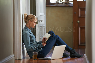 Buy stock photo Woman, floor or writing notes for remote work or internet connection with laptop, blog or post. Freelancer, relax or female editor with notebook for research or working on article in journal or diary