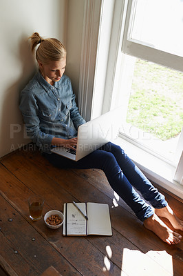 Buy stock photo Woman, typing on laptop for education and elearning, online course for university, studying or research for project with top view. Virtual, college student learning at home and academic development