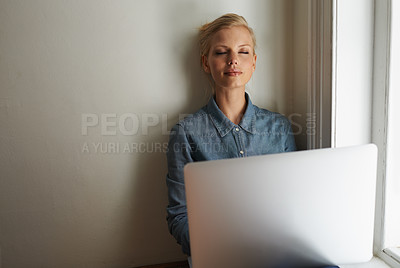 Buy stock photo Woman, freelancer and laptop for sleeping, remote work and internet connection at home for info. Female person, editor and website for research or online news, resting and burnout for article on tech