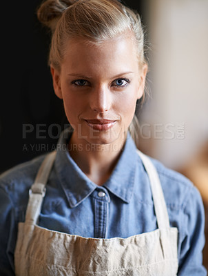 Buy stock photo Woman, portrait and chef or apron with confidence in restaurant or preparing meal, nutrition or hospitality. Female person, waitress and face or cooking as career or customer service, dinner or lunch