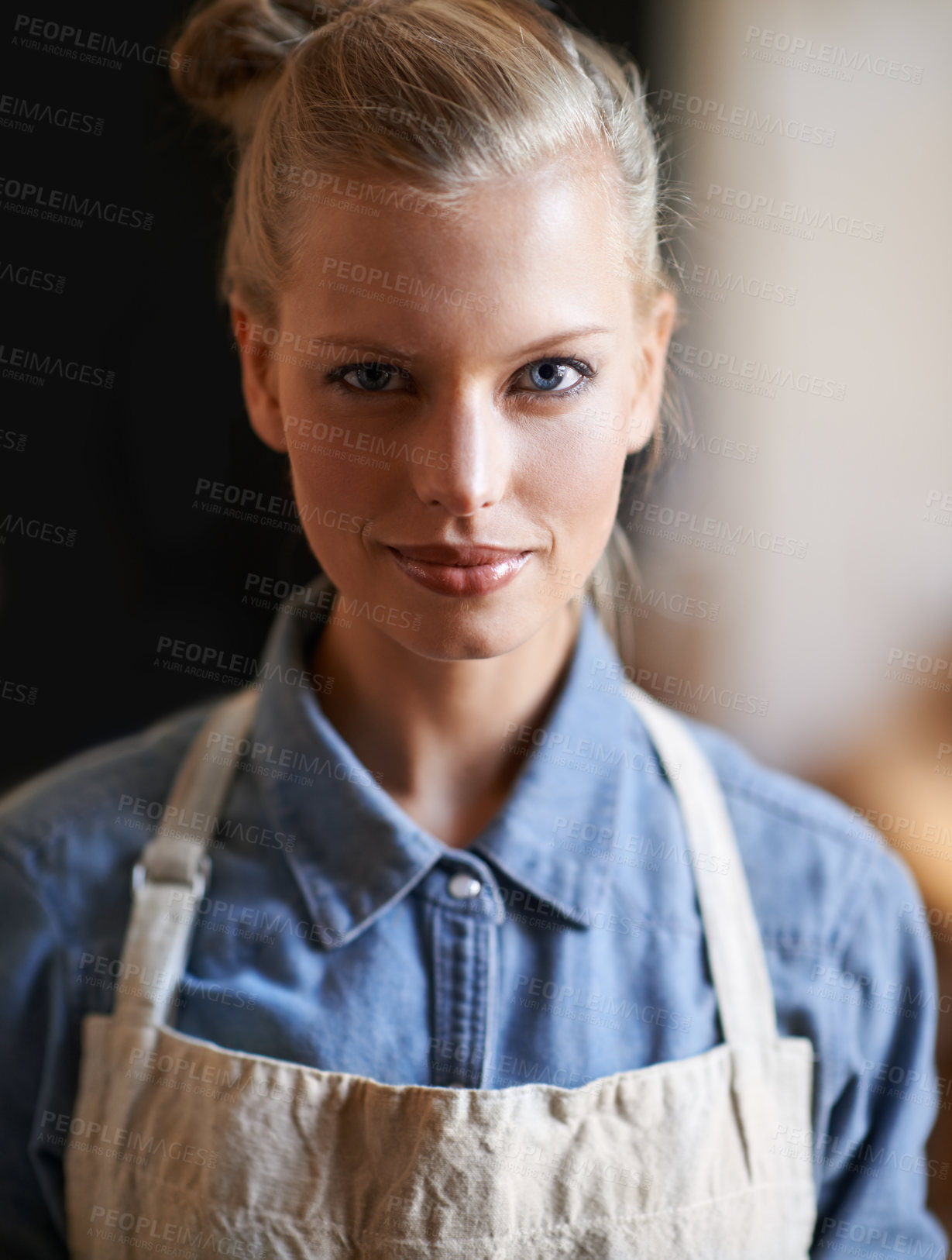 Buy stock photo Woman, portrait and chef or apron with confidence in restaurant or preparing meal, nutrition or hospitality. Female person, waitress and face or cooking as career or customer service, dinner or lunch