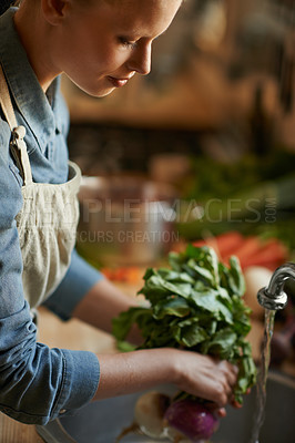 Buy stock photo Washing, vegetables and woman in kitchen for healthy food, hygiene and cooking or preparation by sink. Person with water, liquid and onion to start meal, dinner or organic, vegan and vegetarian lunch