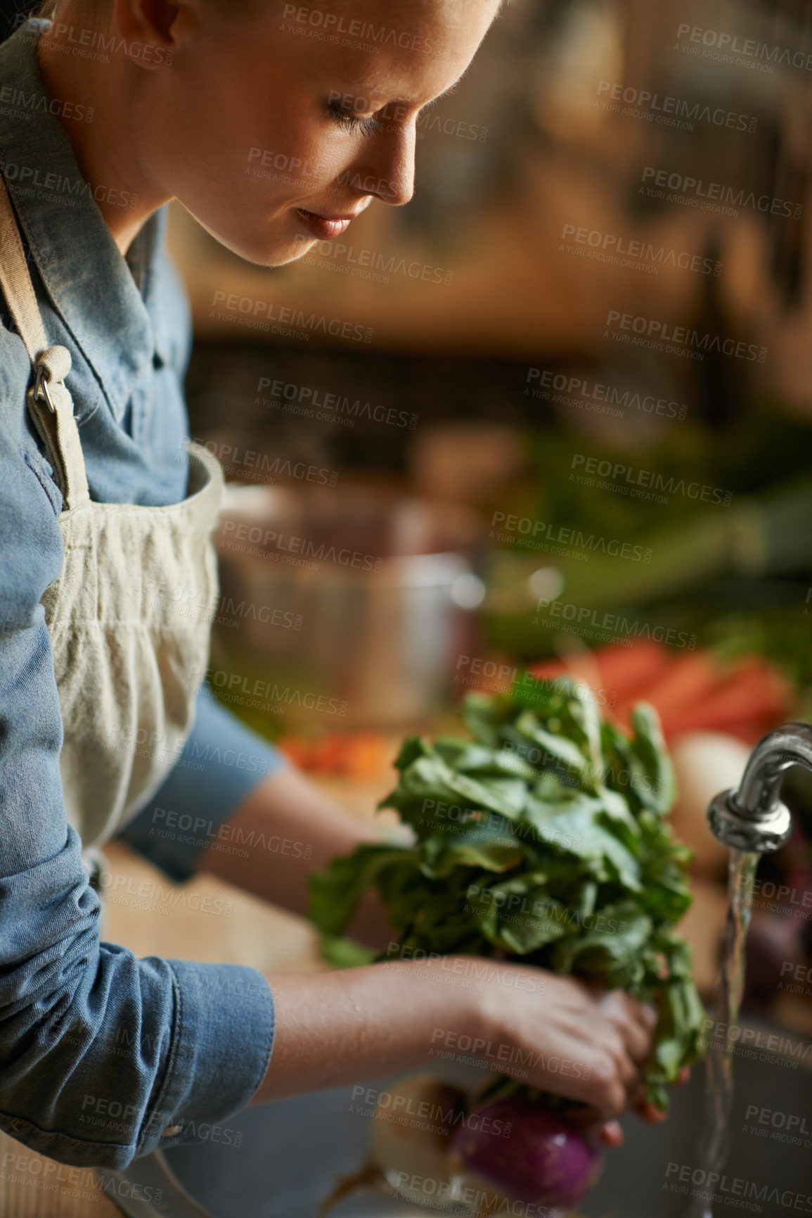 Buy stock photo Washing, vegetables and woman in kitchen for healthy food, hygiene and cooking or preparation by sink. Person with water, liquid and onion to start meal, dinner or organic, vegan and vegetarian lunch