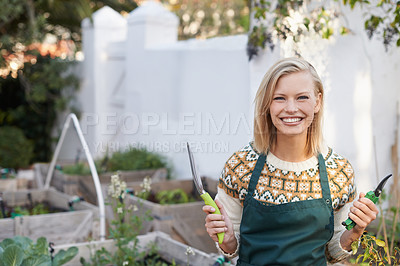 Buy stock photo Gardening, happy and portrait of woman with tools for landscaping, planting flowers and growth. Agriculture, nature and person outdoors with equipment for environment, ecology and nursery in garden