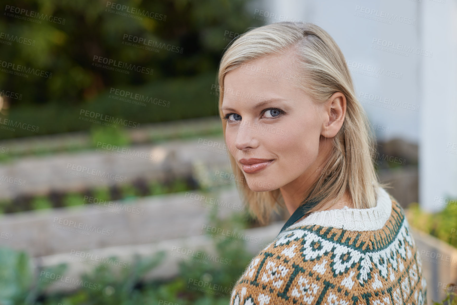 Buy stock photo Gardening, happy and portrait of woman with plants for landscaping, planting flowers and growth. Agriculture, nature and face of person outdoors for environment, ecology and nursery in garden