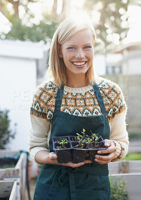 Buy stock photo Gardening, backyard and portrait of happy woman with plants for landscaping, planting flowers and growth. Agriculture, nature and person outdoors for environment, ecology and nursery in herb garden