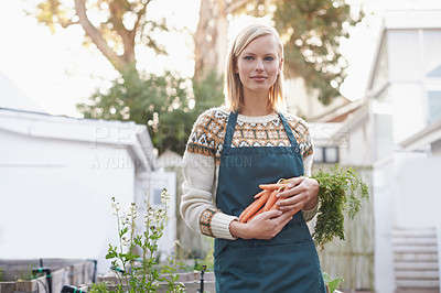 Buy stock photo A young woman holding carrots in her garden