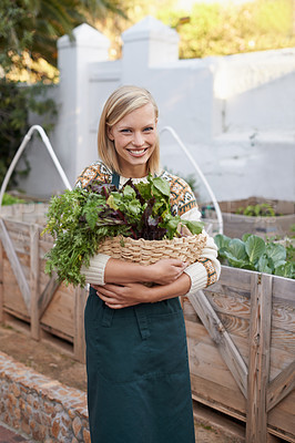 Buy stock photo Happy, woman and vegetable garden with portrait in backyard with organic, sustainability and smile. Green, eco friendly and outdoor with planting for harvest and growing with a gardener pot and soil
